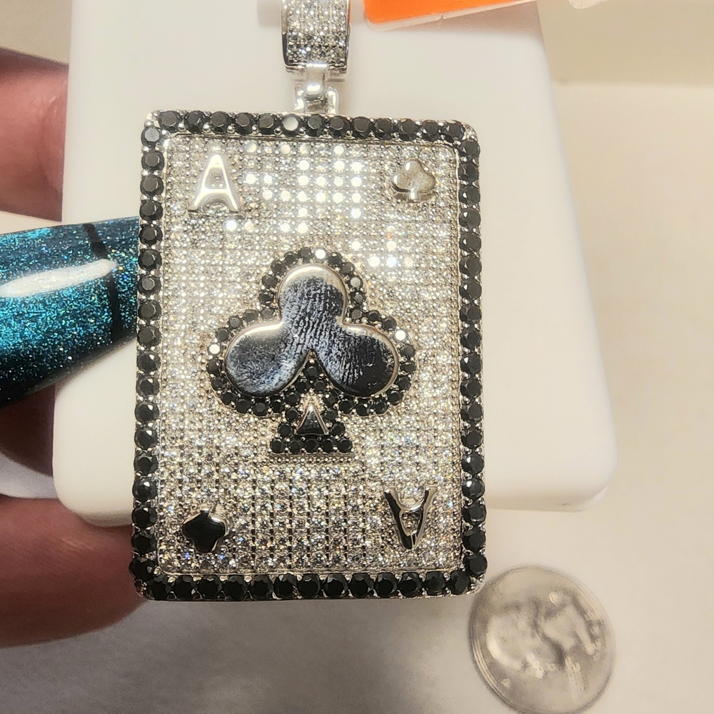 925 Sterling Silver Rhoduim Plated Clear And Black Moissanite Ace Pendant